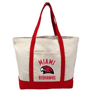 Miami University (Oh) Red Hawks Arched School Name Canvas Tote Bag With External Pocket, Reusable Shoulder Bag for Shopping, School, Beach - 1 of 4