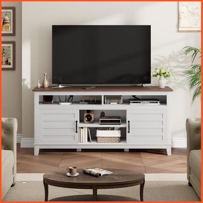 Modern 65 Inch Farmhouse TV Stand,Entertainment Center Console Table, Open Double Door Cabinet & 8 Storage Shelves
