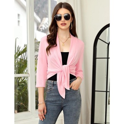 Women's Casual Tie Open Front 3/4 Sleeve Sheer Draped Ruffles Cardigan Pink L