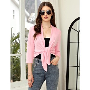 Women's Casual Tie Open Front 3/4 Sleeve Sheer Draped Ruffles Cardigan Pink L - 1 of 4