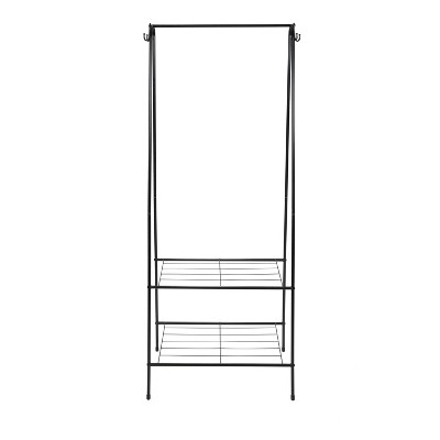 Black Metal Freestanding Clothing Rack with Shelves and Hooks