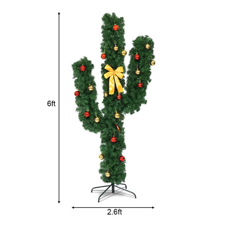 Costway 6Ft Pre-Lit Cactus Christmas Tree LED Lights Ball Ornaments, 3 of 10