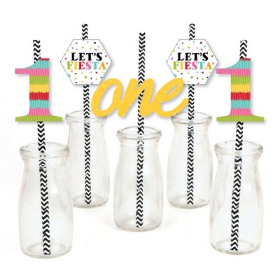 Big Dot of Happiness 1st Birthday Let's Fiesta - Paper Straw Decor - Mexican Fiesta First Birthday Party Striped Decorative Straws - Set of 24