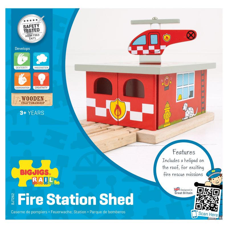 Bigjigs Rail Fire Station Shed Wooden Railway Train Set Accessory, 3 of 10