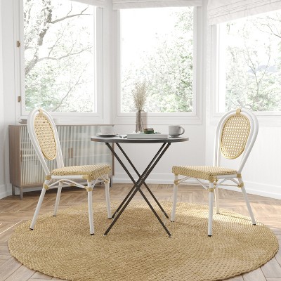 Natural and White Aluminum Frame Bistro Chairs with Rattan Seats