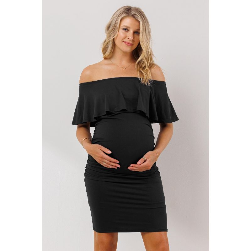 Hello Miz Maternity Off Shoulder Bodycon Dress with Ruffle - Black - Small