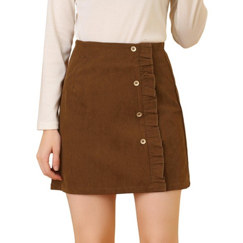 Allegra K Women s Corduroy Vintage Button Decor Ruffled Trim High Waist Mini Skirt Brown Large Target