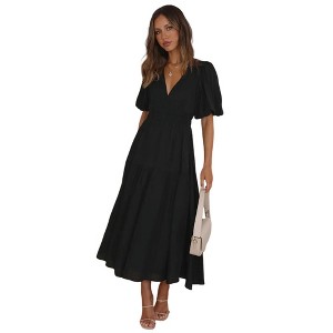 Clearlove Womens Deep V Neck Puff Short Sleeve Tired Maxi Dress Long Flowy Summer Dresses - 1 of 4