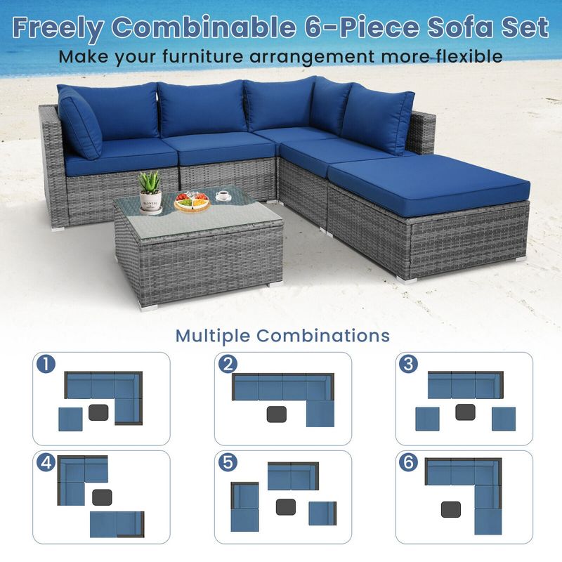 Tangkula 6PCS Patio Rattan Sectional Sofa Set Conversation Furniture Set w/ Navy Cushions, 3 of 6