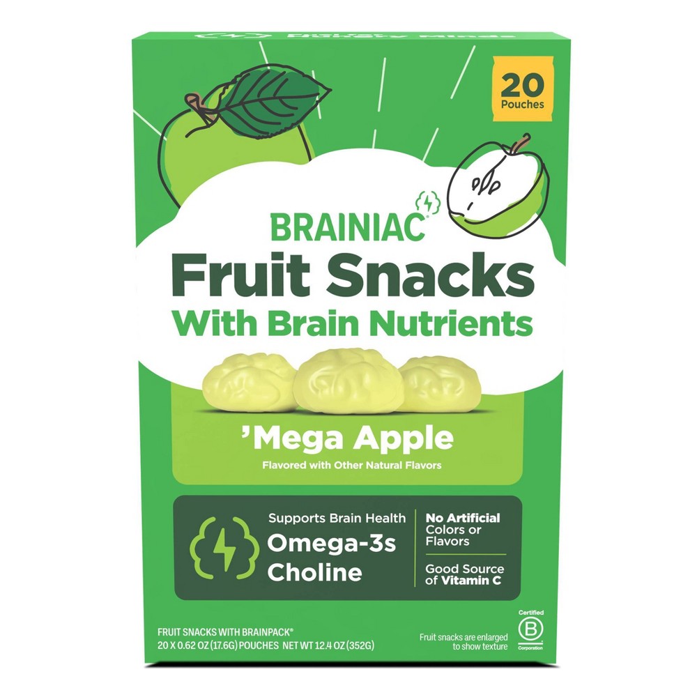 Brainiac Fruit Snacks with Omega-3s Mega Apple - 12.4oz/20ct: Certified Gluten-Free, No Artificial Colors, B Corp Certified