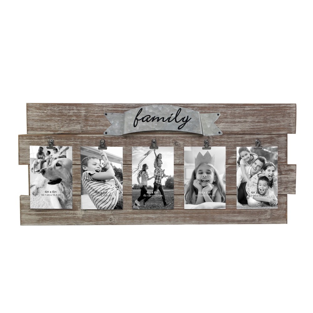 Photos - Photo Frame / Album 26.4" x 11.6" Rustic Wooden Collage Photo Frame with Clips Worn White/Brow
