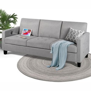 72“ 3-Seater Sofa with USB Ports, Mid-Century Modern Gray Couch for Living Room, Bedroom, Apartment – Comfy & Space-Saving Design - 1 of 4