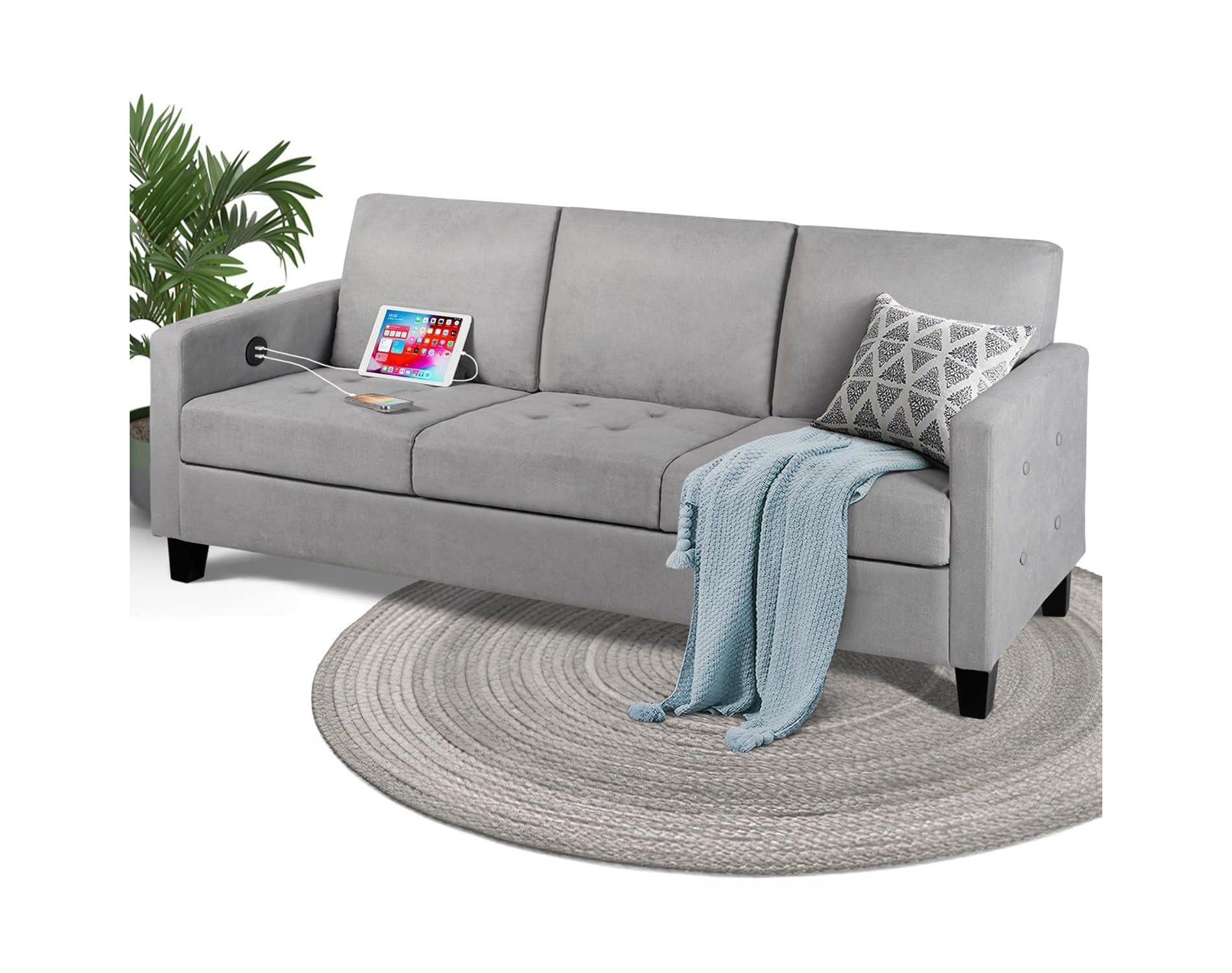 72“ 3-Seater Sofa with USB Ports, Mid-Century Modern Gray Couch for Living Room, Bedroom, Apartment – Comfy & Space-Saving Design