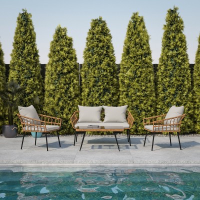 Gray and Natural Wicker Rattan 4-Piece Patio Conversation Set with Glass Table