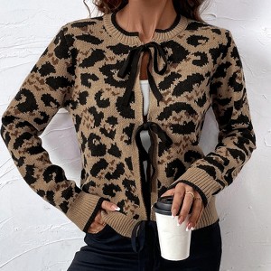 YESFASHION Women's Leopard Print Cardigan Sweaters Front Bow Tie Crew ...