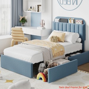 Twin/FULL/Queen/Twin XL Size Kids'Bed Frame with 2 Flexible Drawers, Boucle Upholstered Platform Bed Frame w/ Bookcase Headboard, Bedframe - 1 of 4