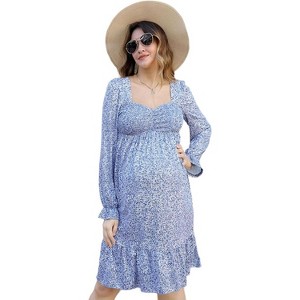 BLUEMING Womens Maternity Dress Lantern Sleeve Babydoll Dress High Rise Smocked Wasit Flounce Hem Midi Dress - 1 of 4