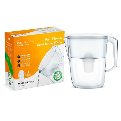 Aqua Optima 5-Cup Water Filter Pitcher Bundle, 1 Compact Filter, Improves Taste, BPA Free, WQA Certified, Daisy Design (White)