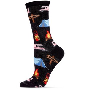 Memoi Happy Camper Bamboo Blend Crew Socks Black 9-11 - 1 of 4