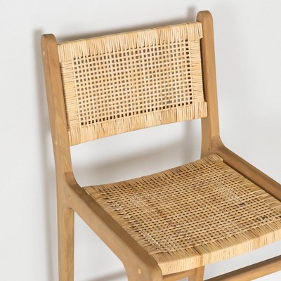 Natural Wood and Rattan Bohemian Bar Stools, Set of 2