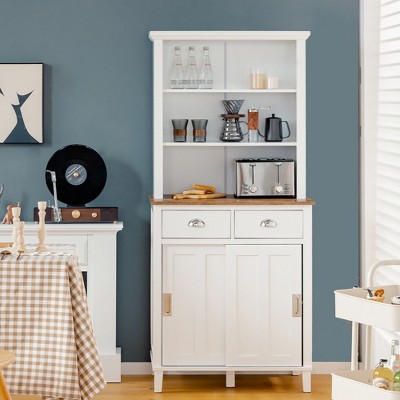 White Pine Wood Freestanding Kitchen Pantry Cabinet with Hutch