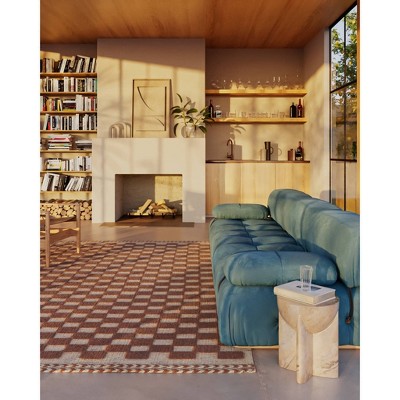 Brown and Beige Wool Checkered Handwoven Runner Rug