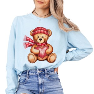 Valentine Teddy Bear Beanie - Women's Garment Dyed Long Sleeve Graphic T-Shirt - 1 of 4