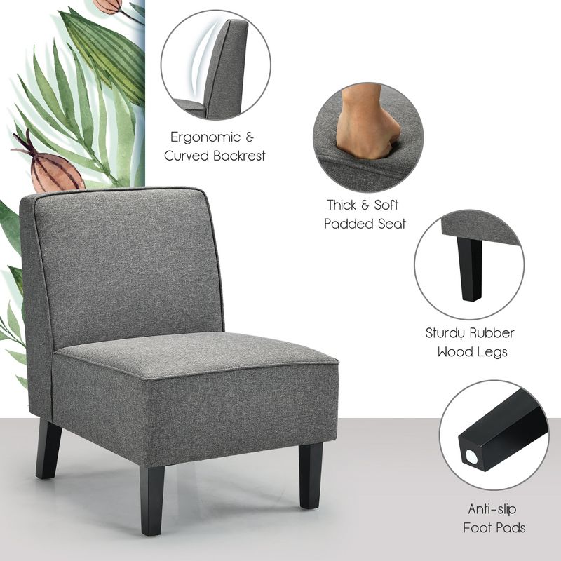 Tangkula Set of 2 Armless Accent Chair Fabric Single Sofa w/ Rubber Wood Legs Grey, 4 of 7