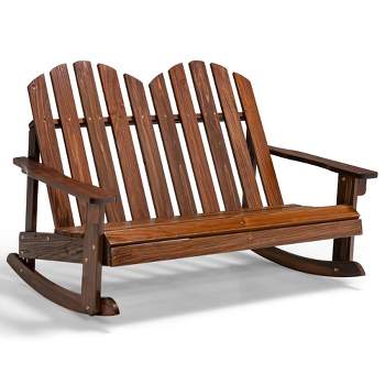 Costway 2 Person Kid Adirondack Rocking Chair Outdoor Backrest Armrest Solid Wood Coffee/White