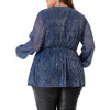 Agnes Orinda Women's Plus Size Glitter Sequin V-Neck Waist Pleat Lantern Sleeve Sparkly Peplum Blouse - 4 of 4