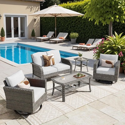 XIZZI Outdoor Wicker Sofa Set with Optional Swivel Chairs, 3.5" Cushions 5 Colors (Gray, Black, Navy, etc.), All-Weather Rattan, Modular 2-7 Pieces