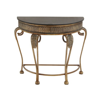 Gold Metal Demilune Console Table with Ornate Scroll Legs