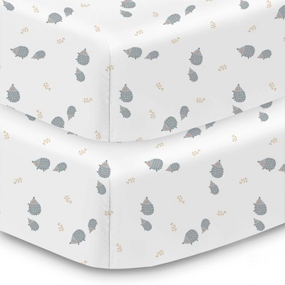 BreathableBaby Cotton Percale Fitted Sheet, For 52" x 28" Crib & Toddler Bed Mattress, Hedgehogs (2-Pack)