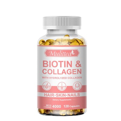 Mulittea Biotin with Collagen Supplement– Support Strong Nails, Shiny Hair & Glowing Skin – 120 Vegan Capsules