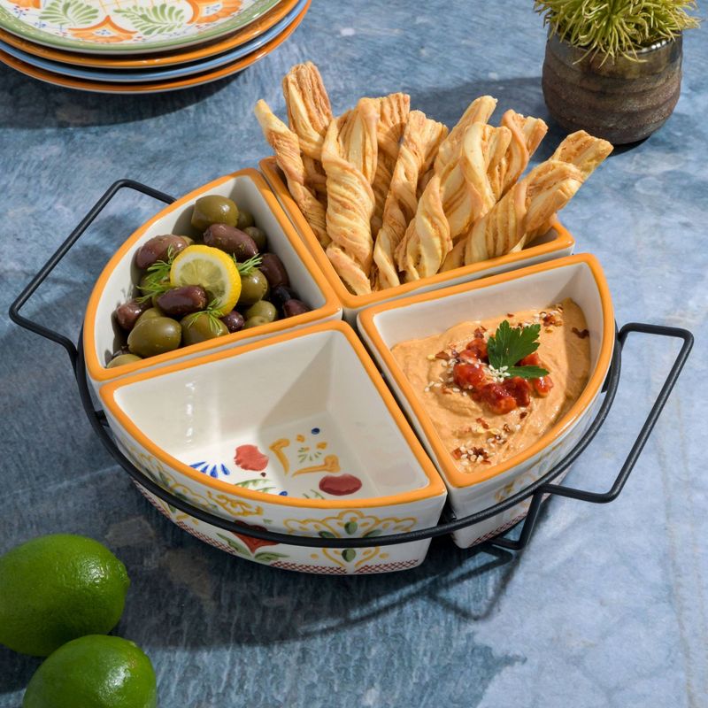 Laurie Gates Tierra Hand Painted Stoneware 4-Section Tidbit Dish with Metal Rack, 5 of 7