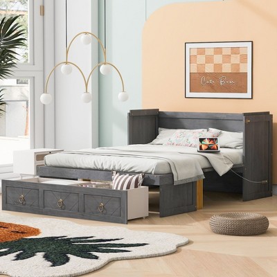 NicBex Queen Size Murphy Bed 81.1" Wooden Queen Bed Frame Wall Bed with 3 Spacious Drawers and USB Ports for Apartment and Living Room