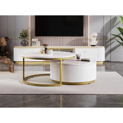 VYNXARIA Modern Round Nesting Coffee Table Set with Fluted Design and Drawer in White & Gold