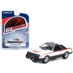 1981 Ford Mustang Cobra Polar White and Black w/Red Stripes "Greenlight Muscle" Series 27 1/64 Diecast Model Car by Greenlight - 1 of 3