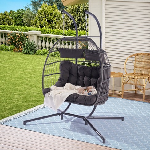 2 Person Hanging Double Swing Chair Patio Hanging Egg Chair Basket Swinging Chair With Stand Patio Wicker Egg Chair dark gray