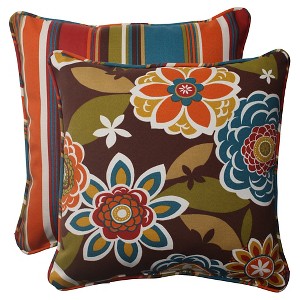 Outdoor 2-Piece Reversible Square Toss Pillow Set - Brown/Turquoise Floral/Stripe