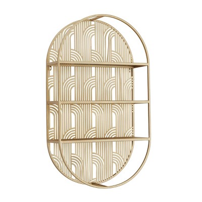 28"x16" Metal Oval 3 Shelves Wall Gold - CosmoLiving by Cosmopolitan: Glam Style, No Assembly Required