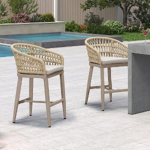 PURPLE LEAF Outdoor Rattan Bar Stools Set of 2 Modern Boho Aluminum Patio Bar Height Chair with Cushion for Garden Outdoor and Indoor - 1 of 1