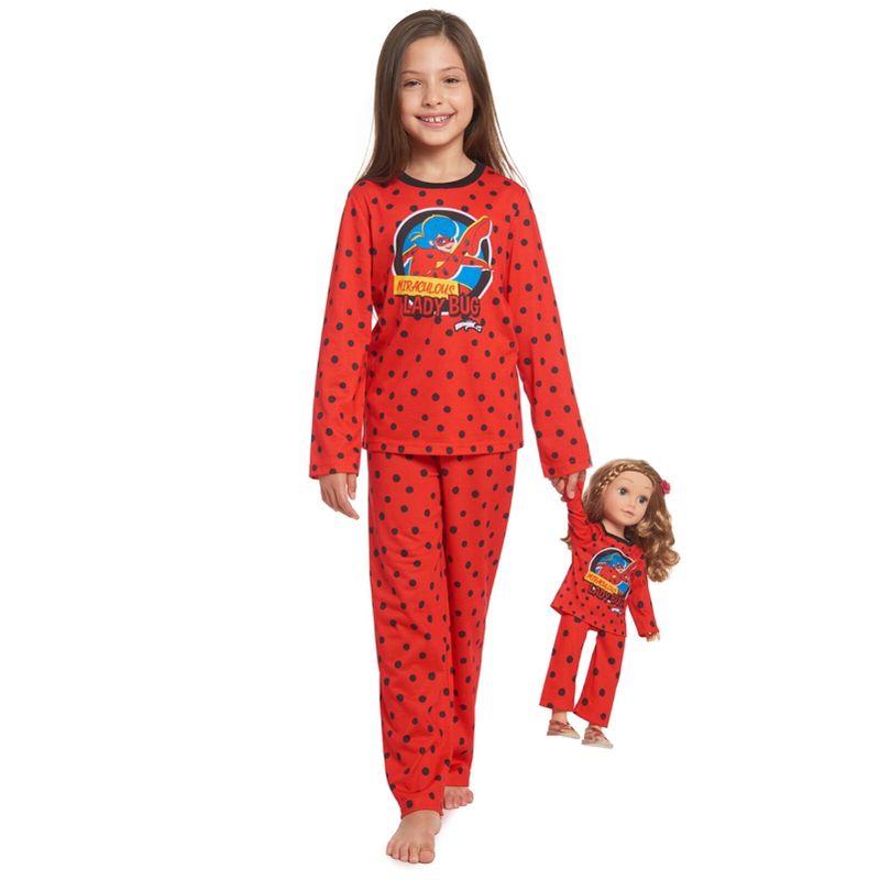 Miraculous Ladybug Girls Pajama Shirt Pants and Matching Doll Outfits 4 Piece Set Little Kid to Big Kid , 2 of 9