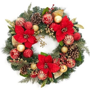 Coucheta 24 Inch Christmas Wreath with Lights - Lighted Large Outdoor Door Wreath with 20 Battery LED Lights, Red Gold Balls for Front Door - 1 of 4