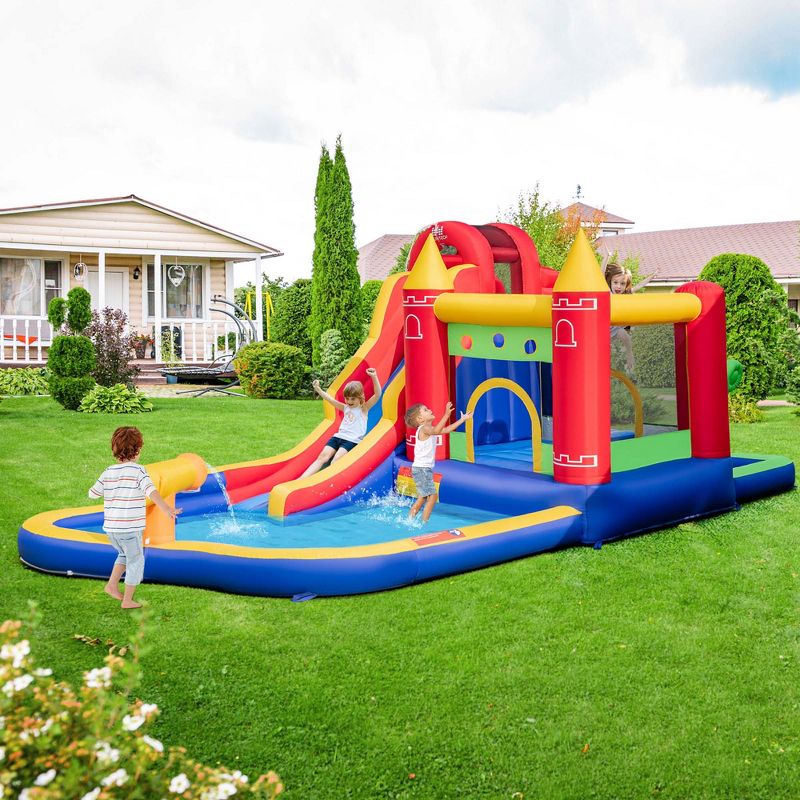 Costway 9-in-1 Inflatable Bounce Castle with Waterslide Splash Pool for 3+ without Blower/with 735W Blower, 2 of 11