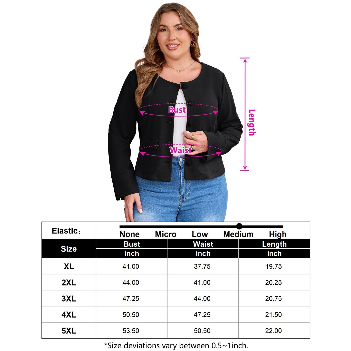 Женская куртка YesFashion Women Plus Size Cropped Jacket Round Neck Button Down Long Sleeve Cuffed Outerwear with Flap Pockets, BLACK,5X, цвет: Чёрный — фото 6