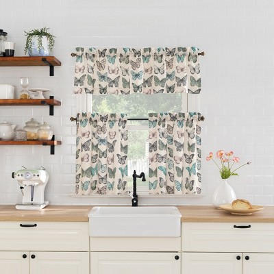 56" x 14" Blue Butterfly Print Sheer Rod Pocket Valance