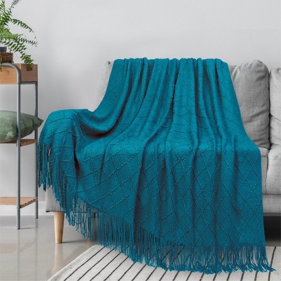 Teal Blue Knitted Fleece Reversible Throw Blanket
