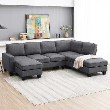 104.3" Modern L Shaped Sectional Sofa, 7 Seater Linen Sofa Set with Chaise Lounge and Convertible Ottoman - ModernLuxe