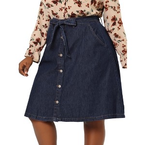 Agnes Orinda Women's Plus Size Denim Tie High Waist Front Button Down A-Line Midi Jeans Skirts - 1 of 4